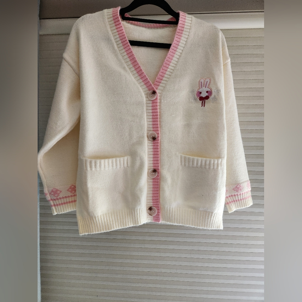 Kawaii Cream and Pink Cardigan with Emroidered Bunny Patch